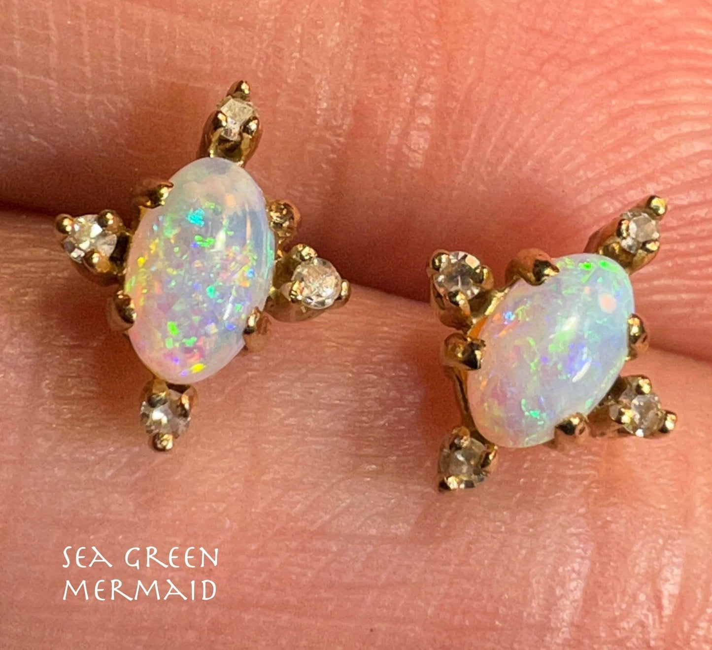 10k Gold Australian Crystal Jelly Opal Earrings w Diamonds. TINY! *Video*