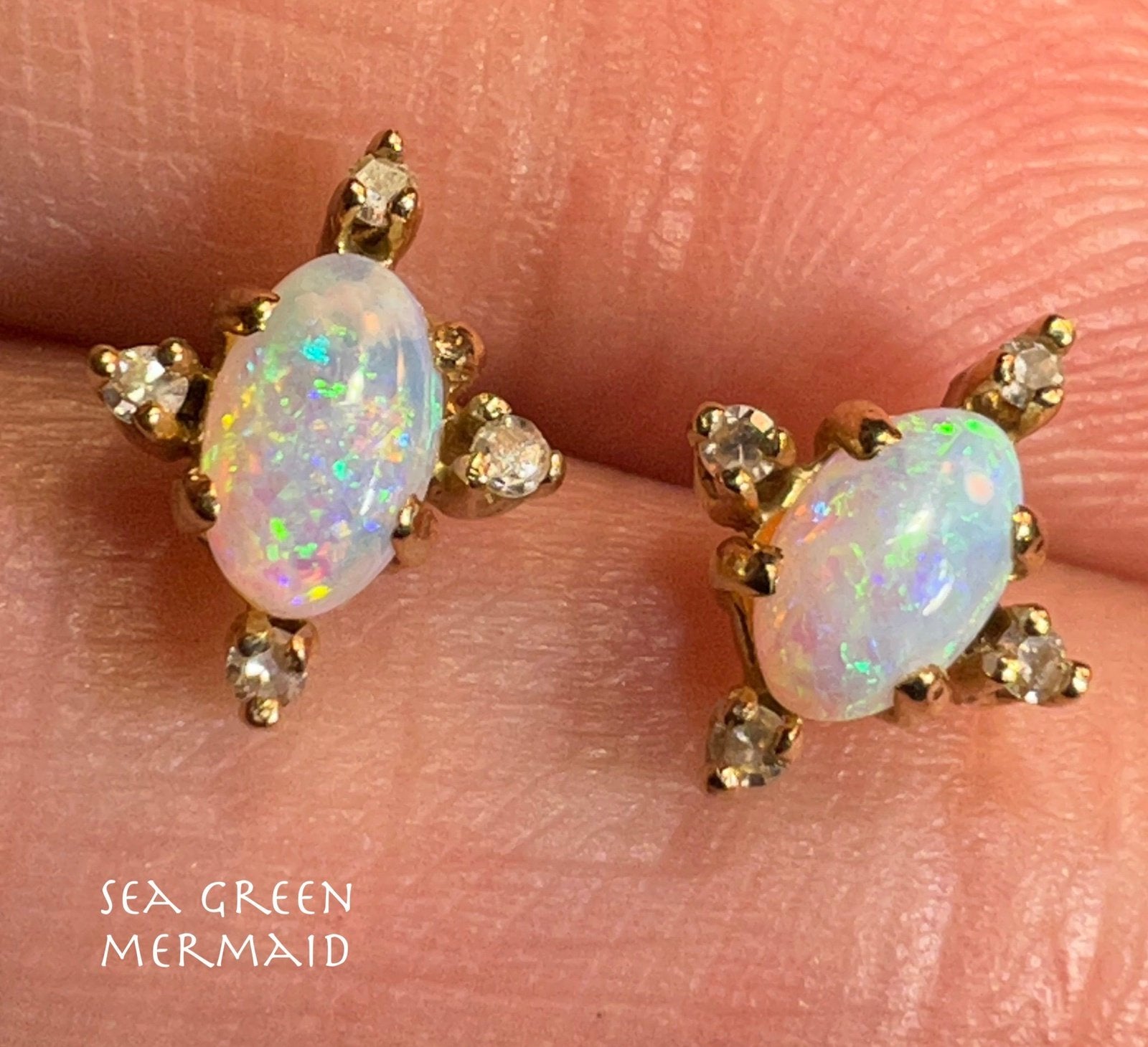 10k Gold Australian Crystal Jelly Opal Earrings w Diamonds. TINY! *Video*