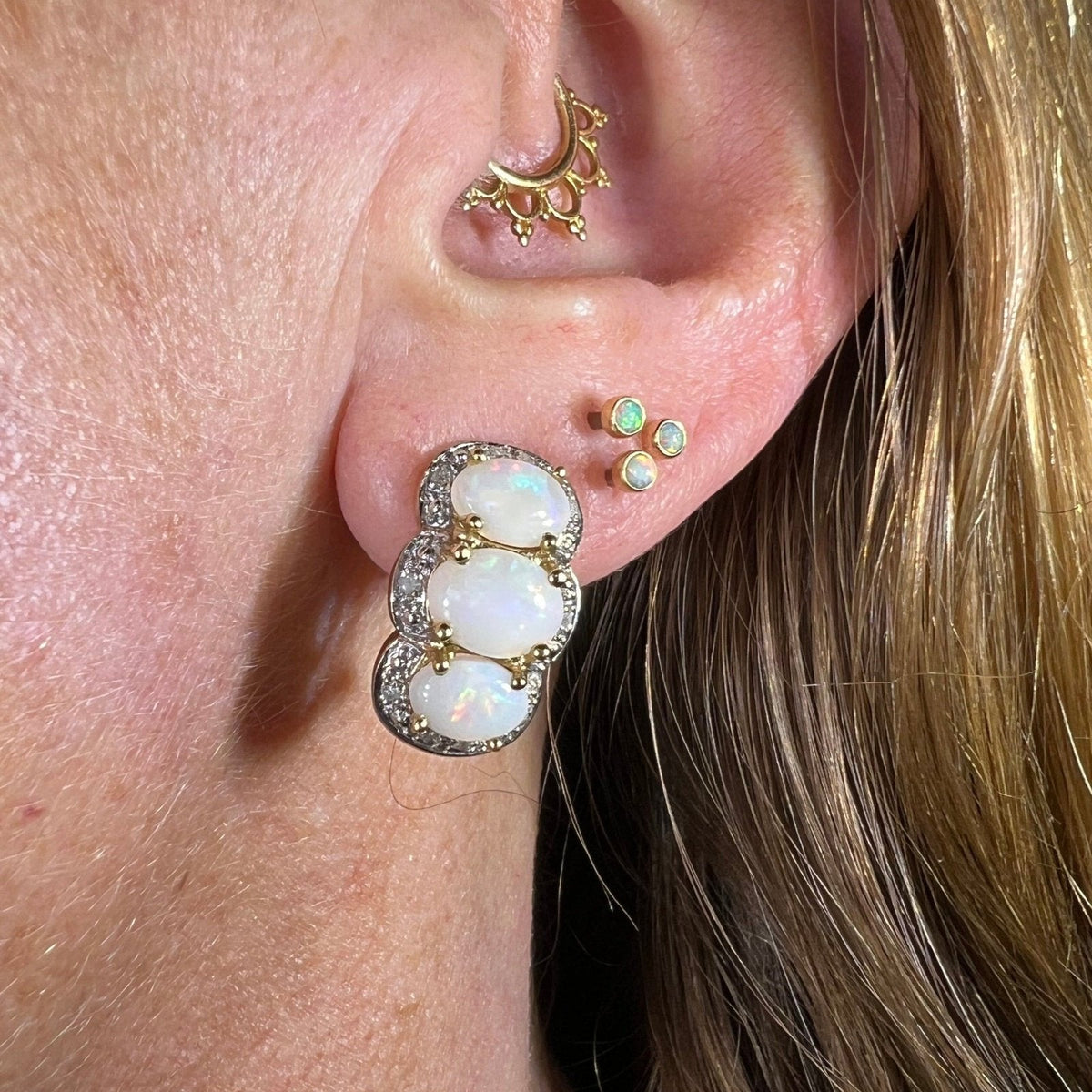 10k Gold Australian Opal + Diamond Omegaback Earrings *Video*
