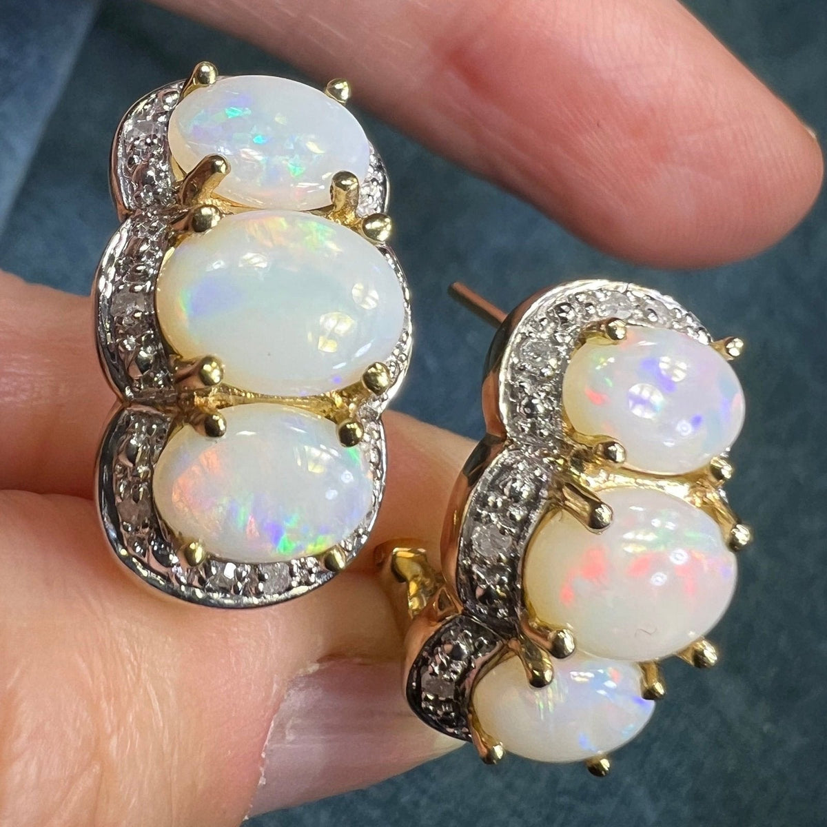 10k Gold Australian Opal + Diamond Omegaback Earrings *Video*