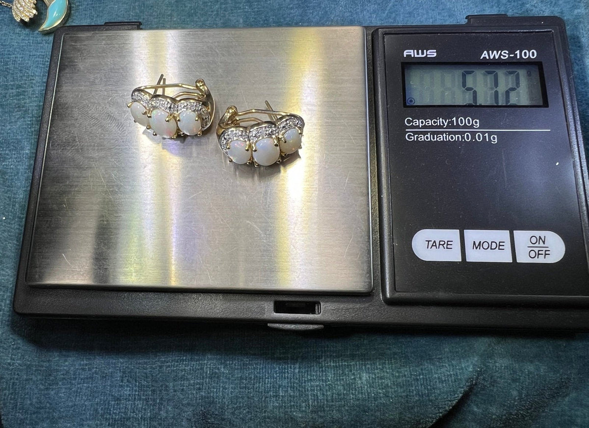 10k Gold Australian Opal + Diamond Omegaback Earrings *Video*