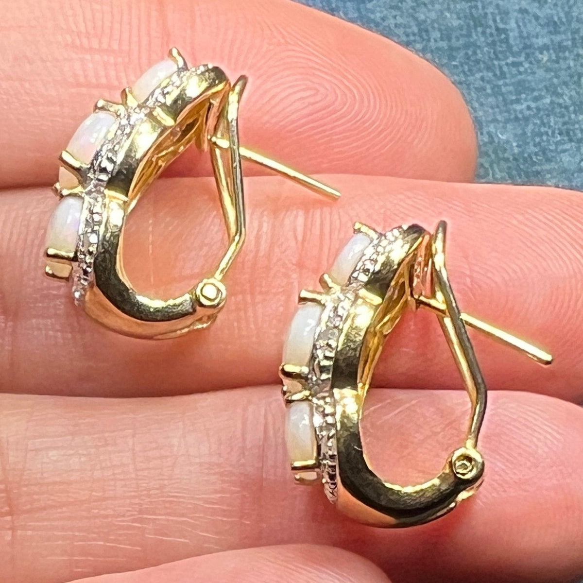 10k Gold Australian Opal + Diamond Omegaback Earrings *Video*