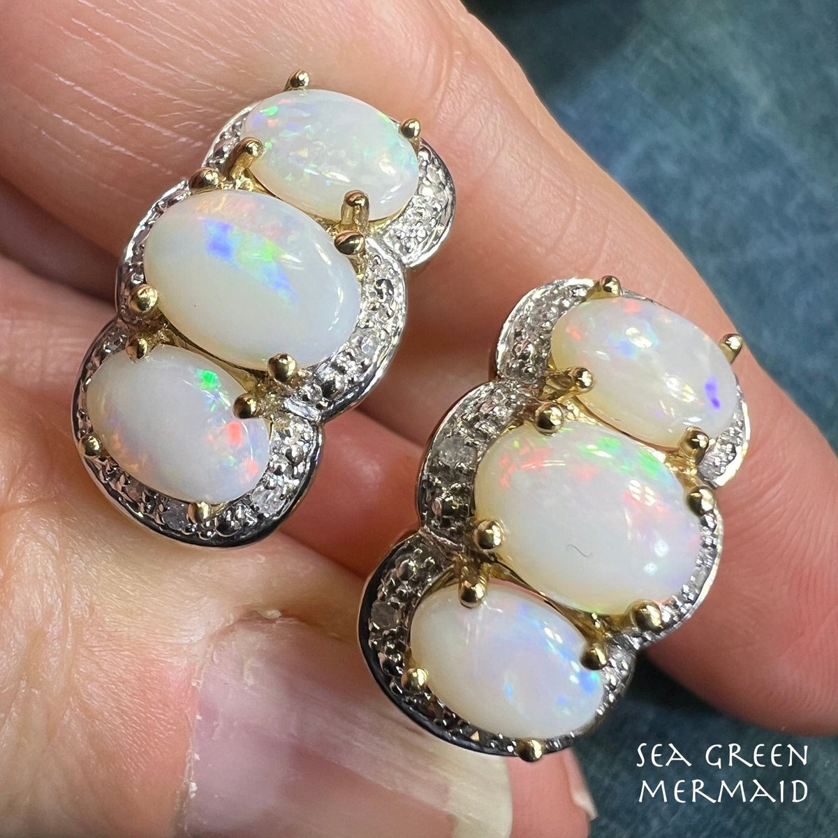 10k Gold Australian Opal + Diamond Omegaback Earrings *Video*