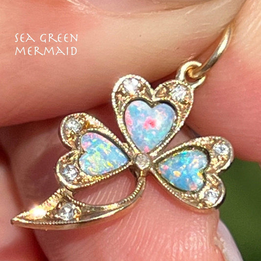 10k Gold Australian Opal + Diamond Shamrock Pendant *Video*