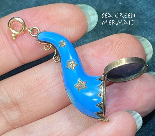 10k Gold Blue Enamel Pipe LOCKET Memento Pendant. 1.8" -Video-