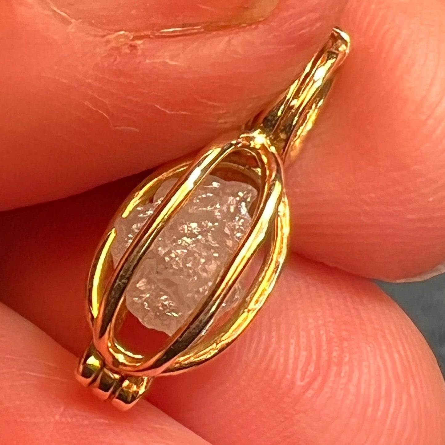 10k Gold Cage Pendant w 2 Ct Raw Uncut Diamond + Pearl **VIDEO**
