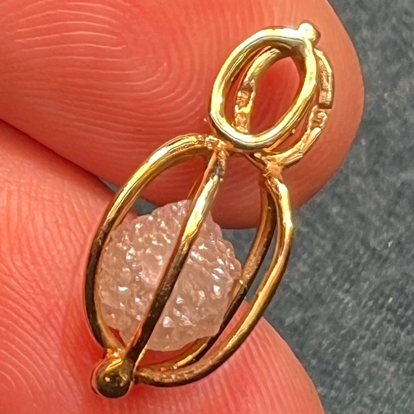 10k Gold Cage Pendant w 2 Ct Raw Uncut Diamond + Pearl **VIDEO**