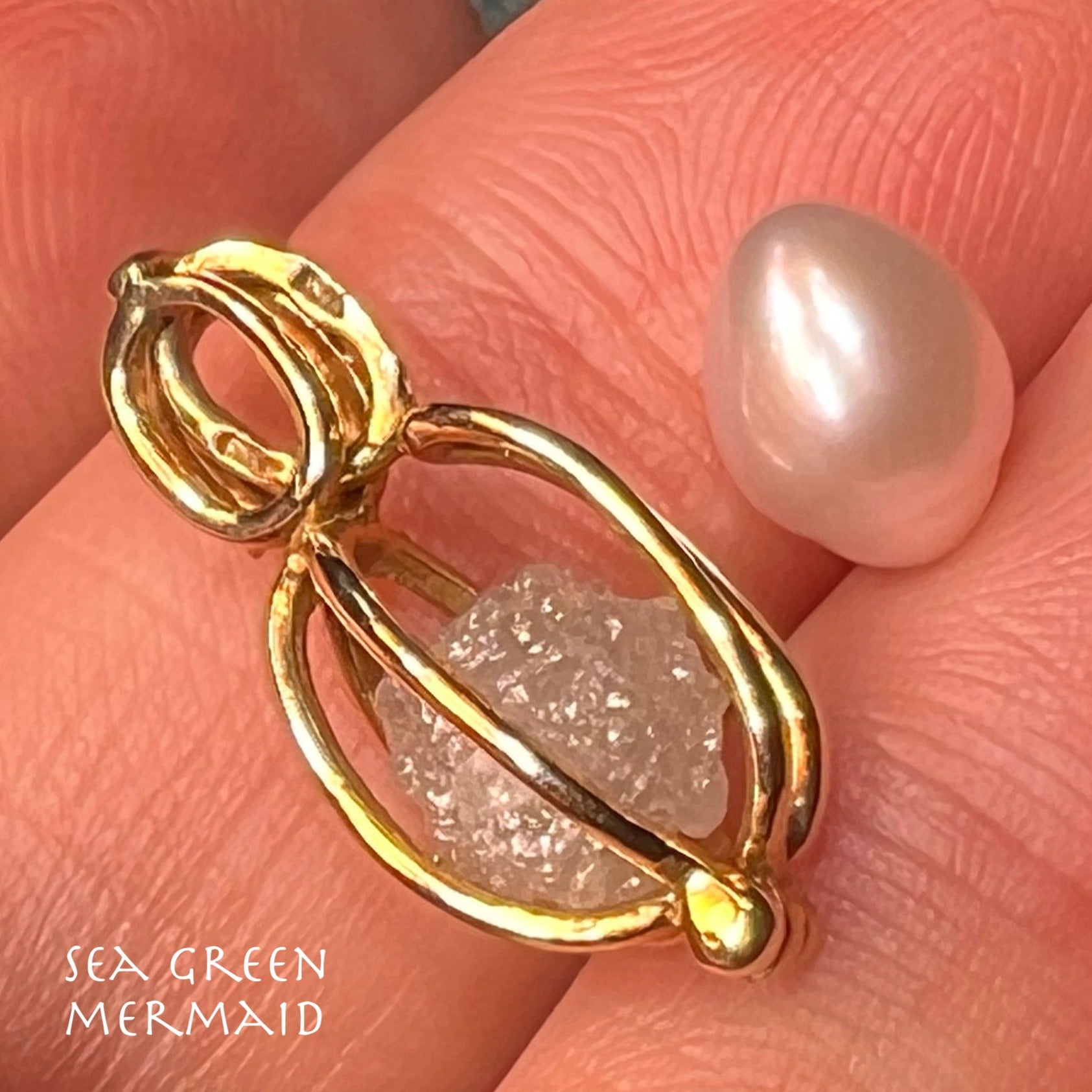 10k Gold Cage Pendant w 2 Ct Raw Uncut Diamond + Pearl **VIDEO**