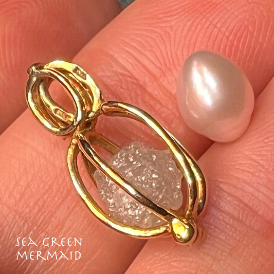 10k Gold Cage Pendant w 2 Ct Raw Uncut Diamond + Pearl **VIDEO**