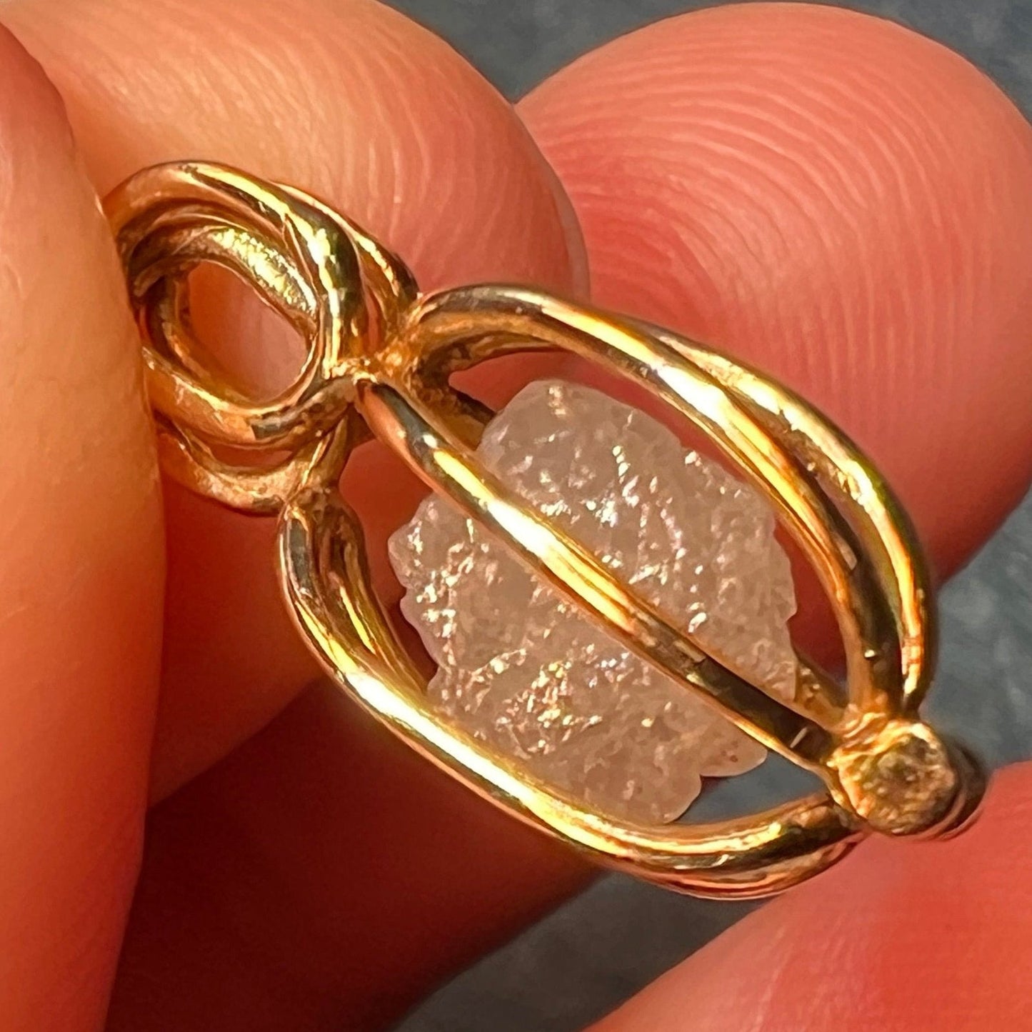 10k Gold Cage Pendant w 2 Ct Raw Uncut Diamond + Pearl **VIDEO**