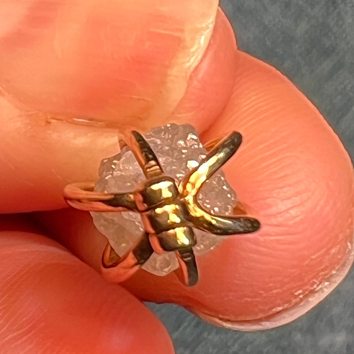 10k Gold Cage Pendant w 2 Ct Raw Uncut Diamond + Pearl **VIDEO**