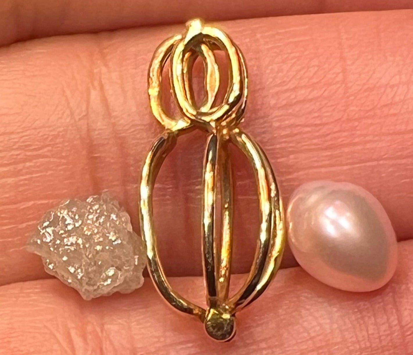10k Gold Cage Pendant w 2 Ct Raw Uncut Diamond + Pearl **VIDEO**