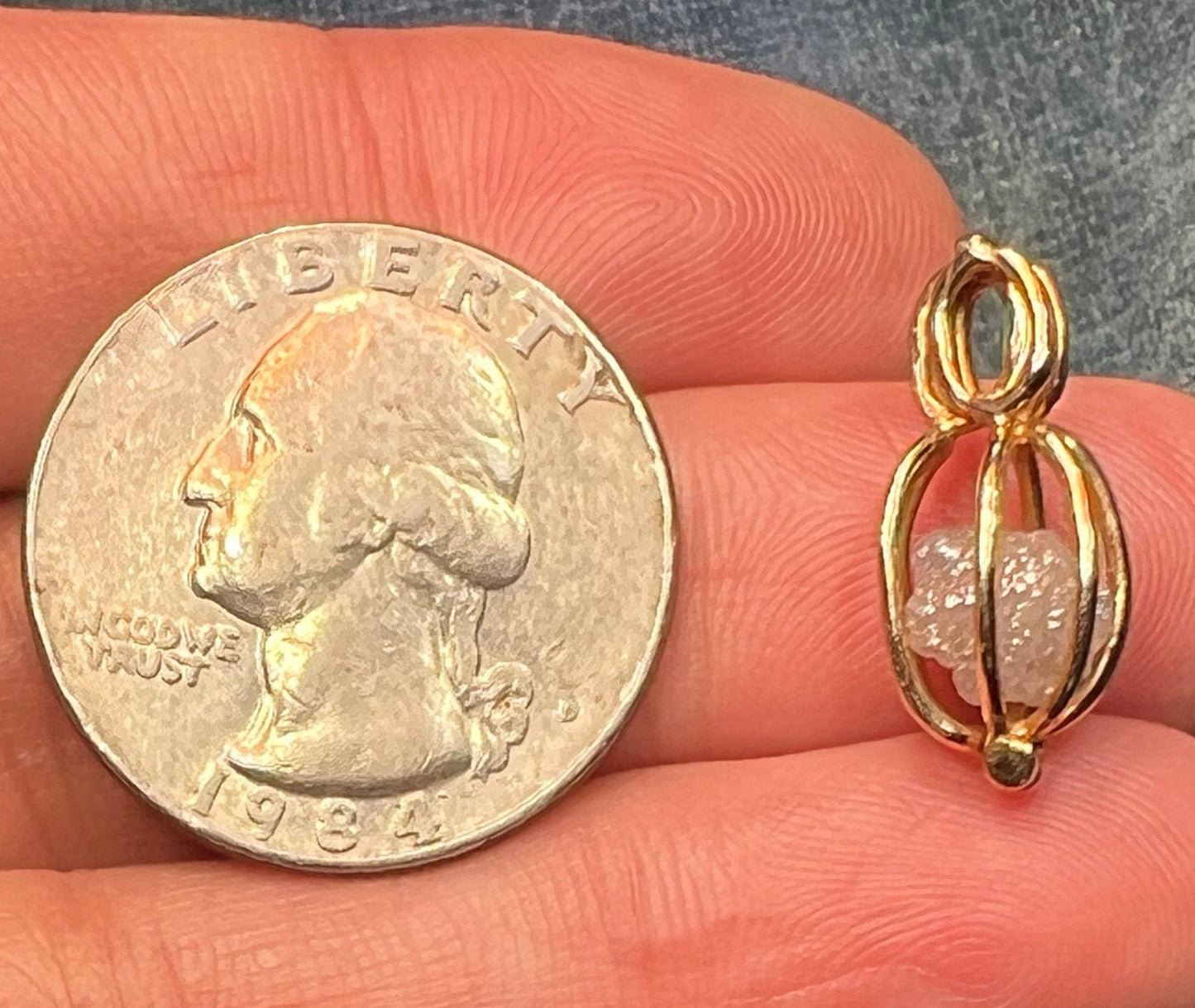 10k Gold Cage Pendant w 2 Ct Raw Uncut Diamond + Pearl **VIDEO**