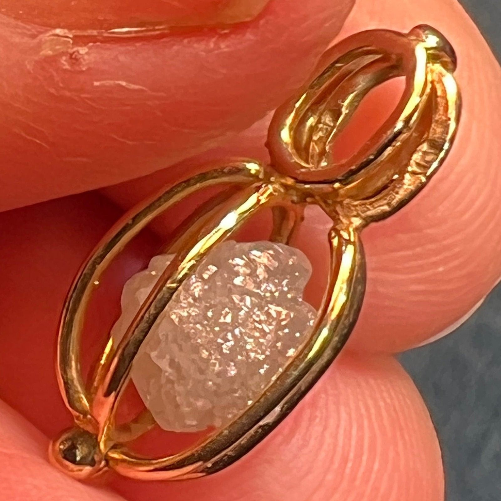 10k Gold Cage Pendant w 2 Ct Raw Uncut Diamond + Pearl **VIDEO**