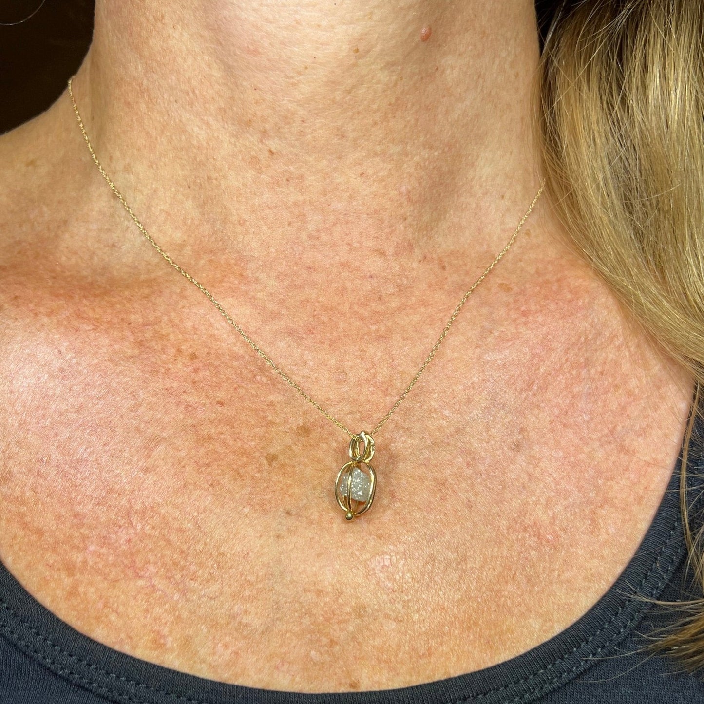 10k Gold Cage Pendant w 2 Ct Raw Uncut Diamond + Pearl **VIDEO**