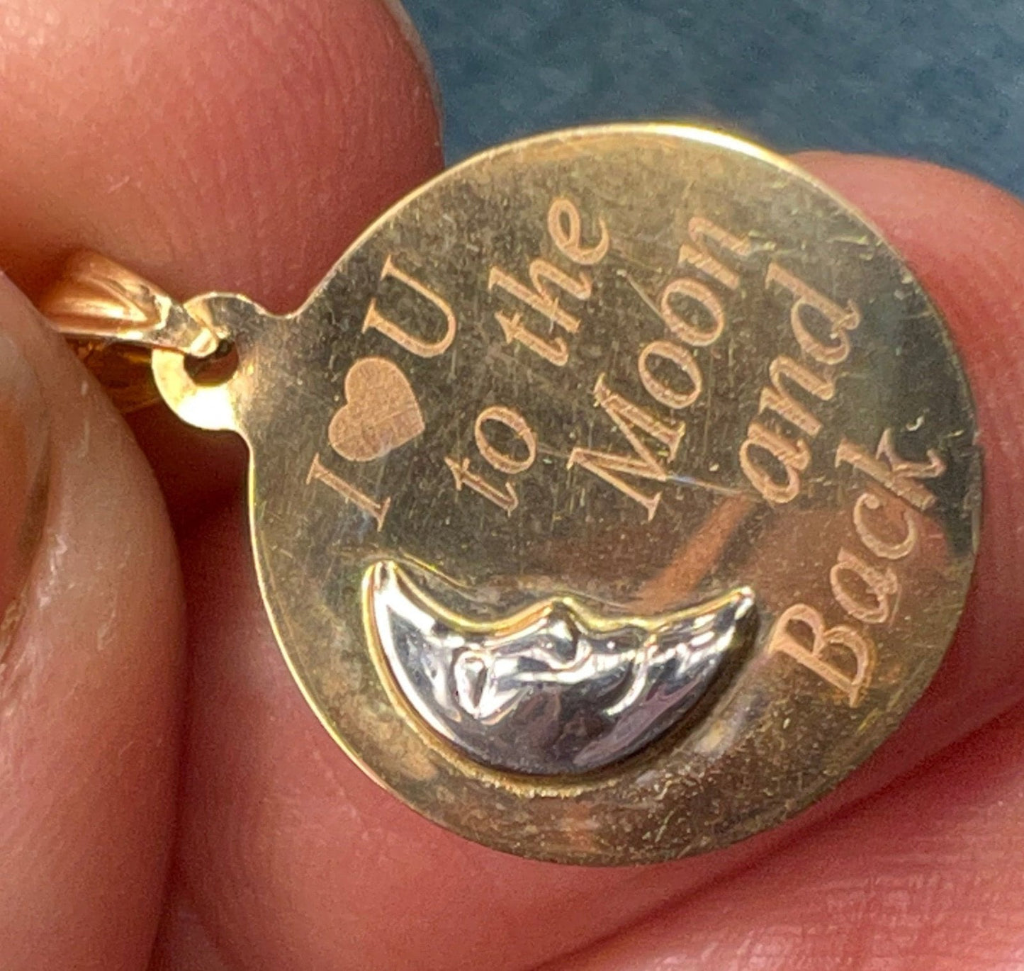 10k Gold Crescent Man-in-the-Moon Pendant "I Love U to the Moon + Back"