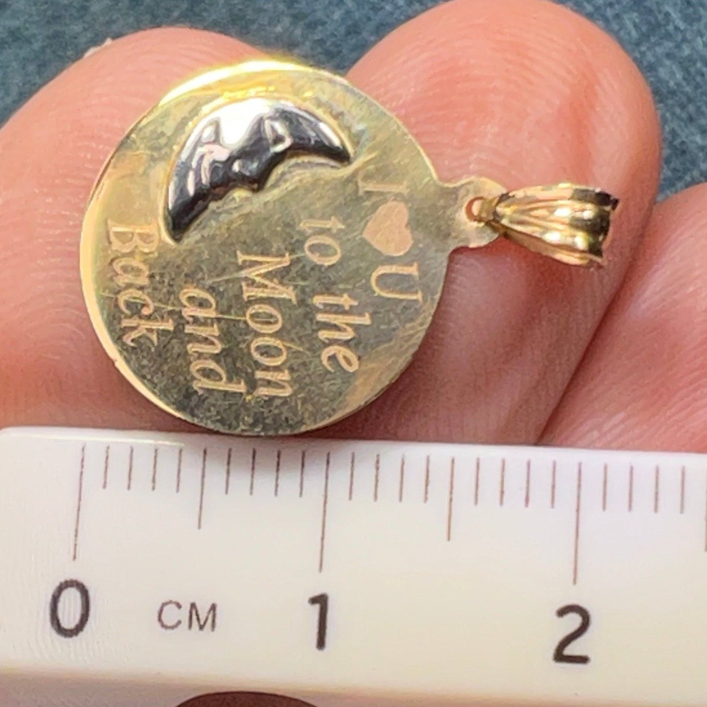 10k Gold Crescent Man-in-the-Moon Pendant "I Love U to the Moon + Back"