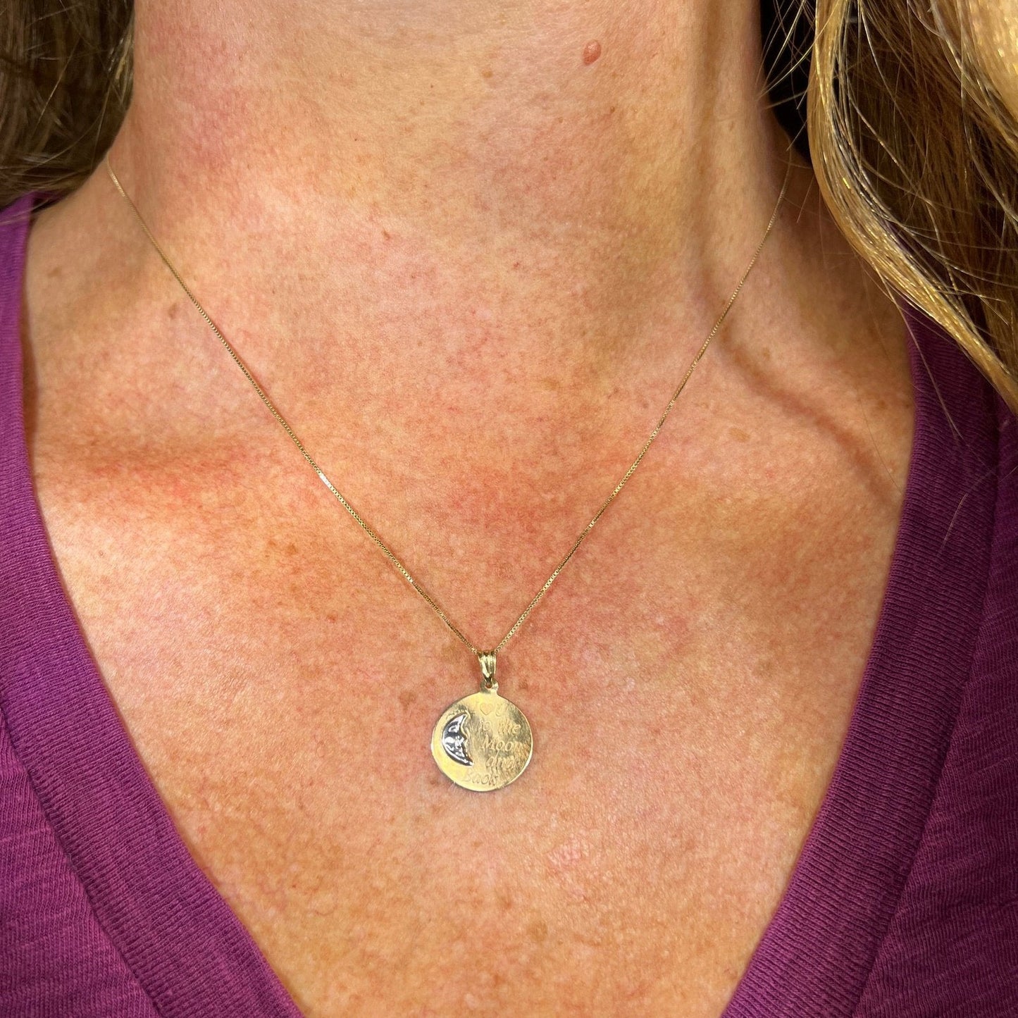 10k Gold Crescent Man-in-the-Moon Pendant "I Love U to the Moon + Back"