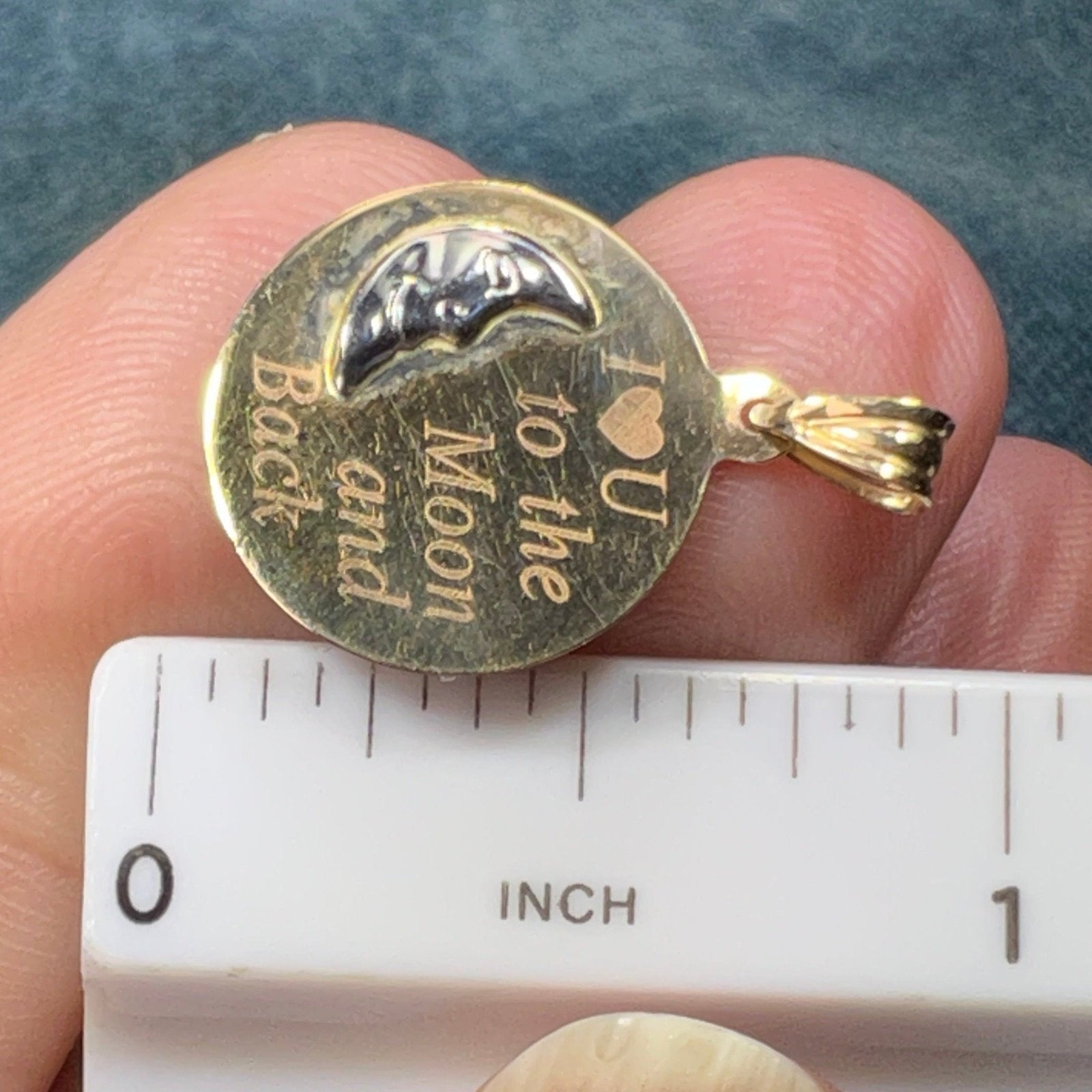 10k Gold Crescent Man-in-the-Moon Pendant "I Love U to the Moon + Back"