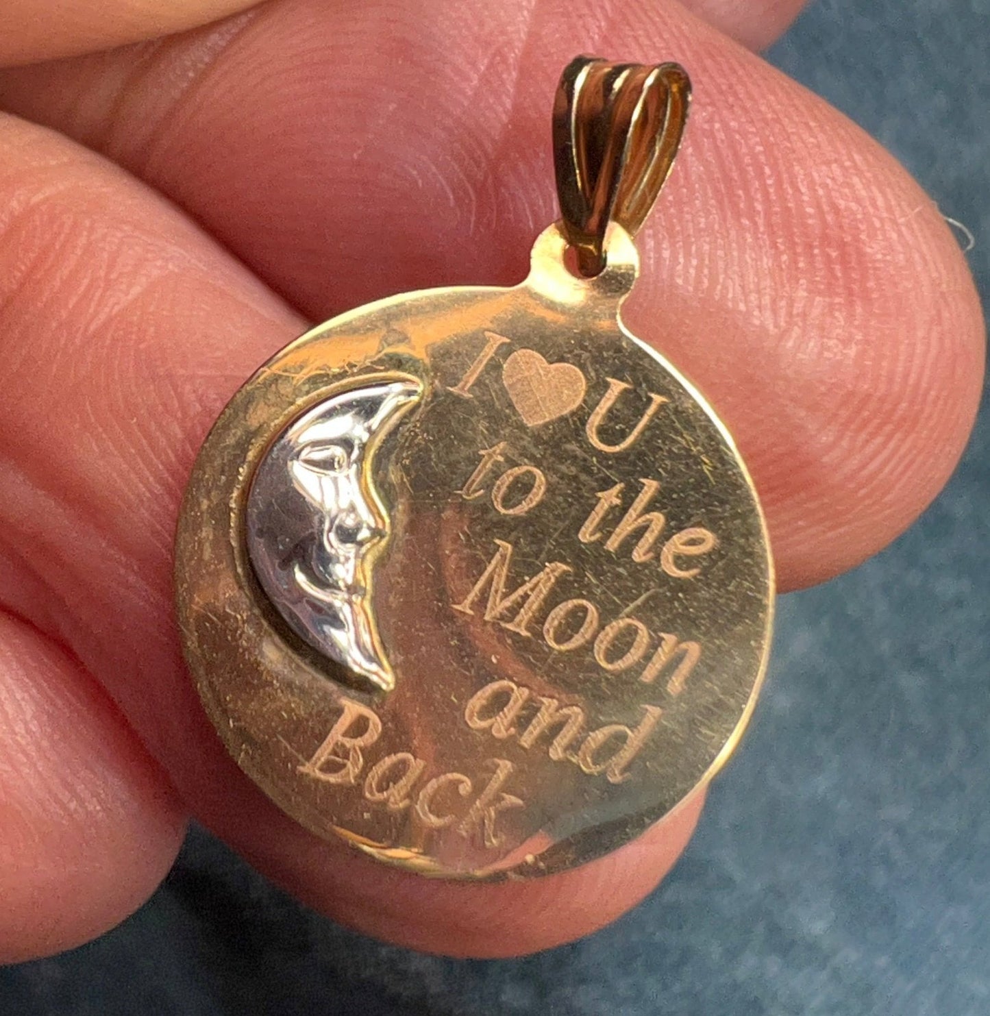 10k Gold Crescent Man-in-the-Moon Pendant "I Love U to the Moon + Back"