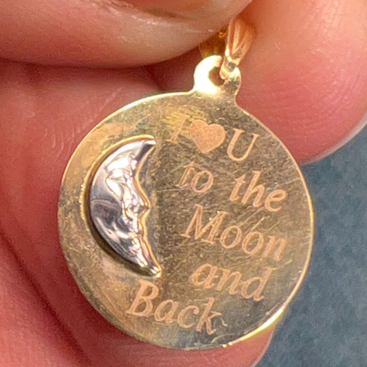 10k Gold Crescent Man-in-the-Moon Pendant "I Love U to the Moon + Back"
