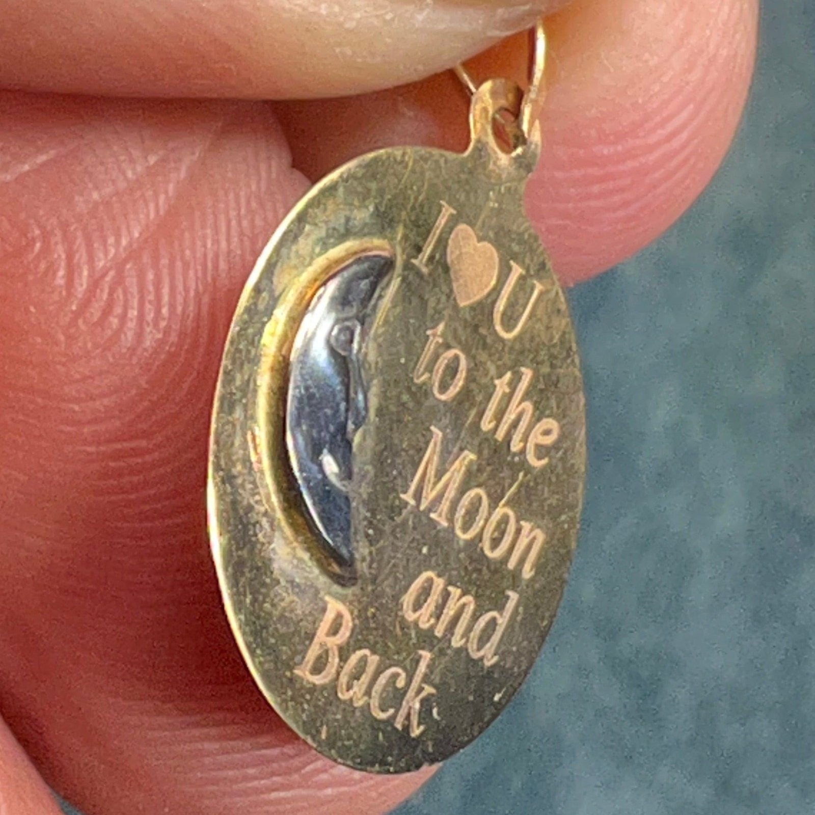 10k Gold Crescent Man-in-the-Moon Pendant "I Love U to the Moon + Back"