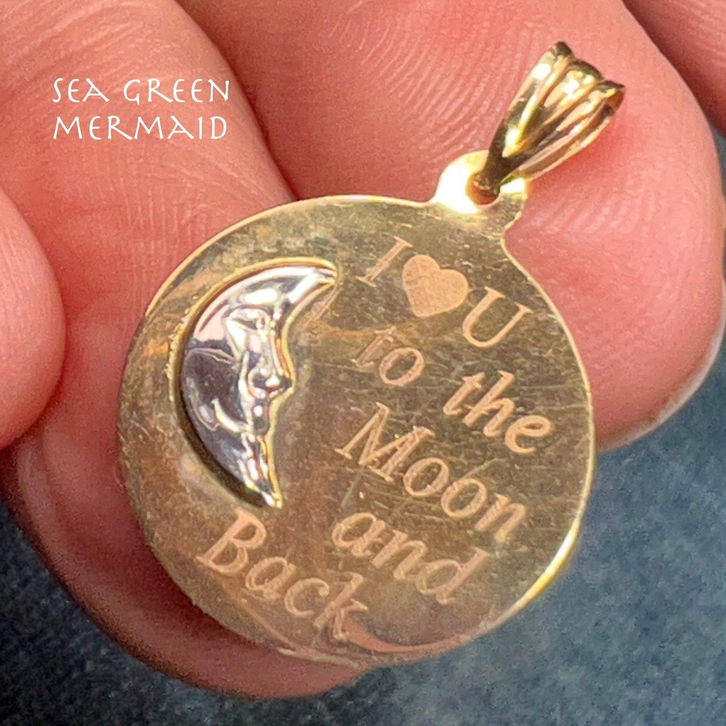 10k Gold Crescent Man-in-the-Moon Pendant "I Love U to the Moon + Back"