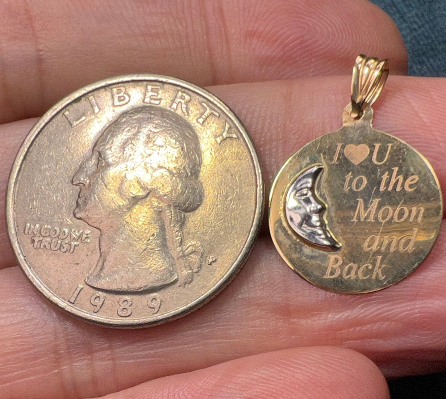 10k Gold Crescent Man-in-the-Moon Pendant "I Love U to the Moon + Back"