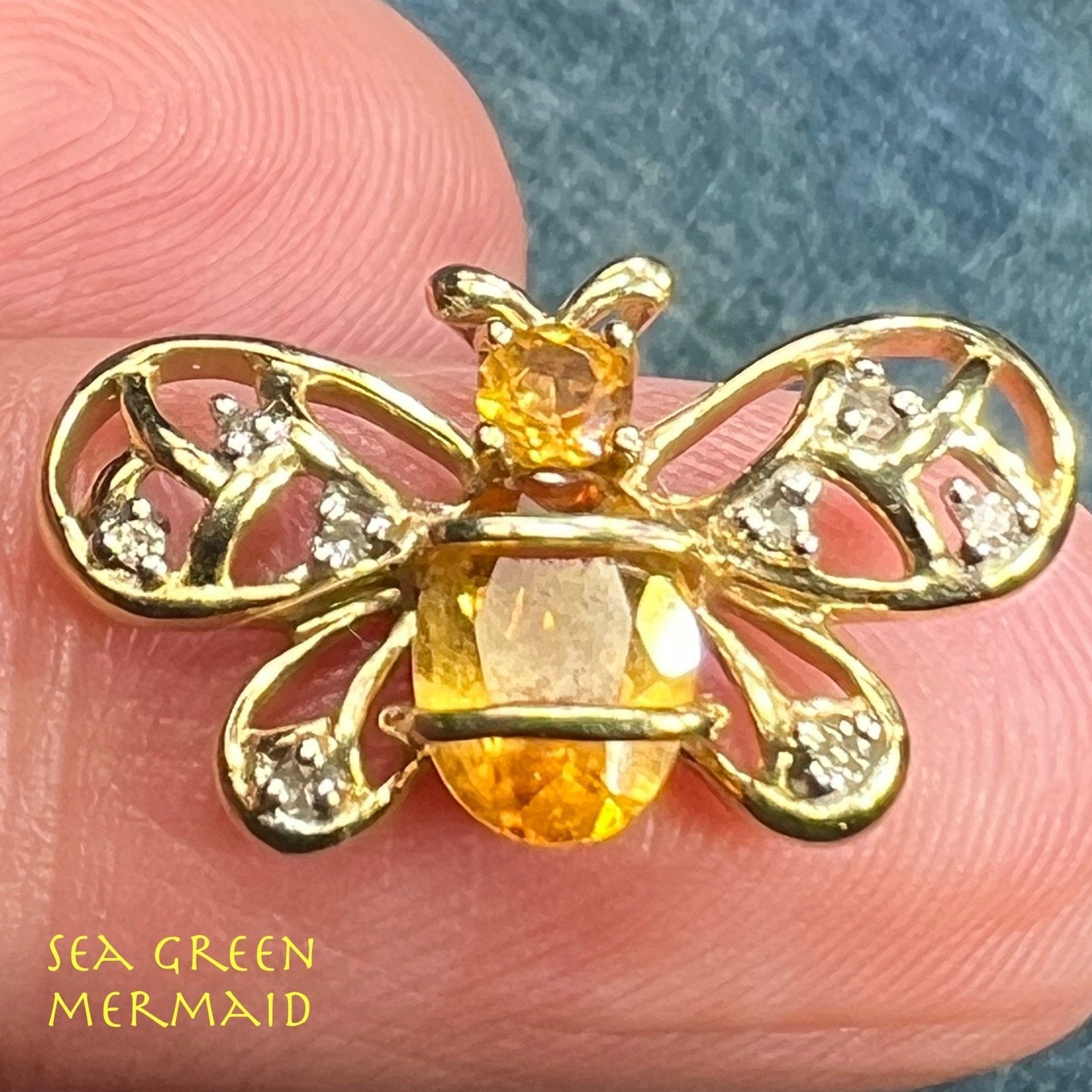 10k Gold Honey Bee Pendant w Lemon Citrine & Diamonds