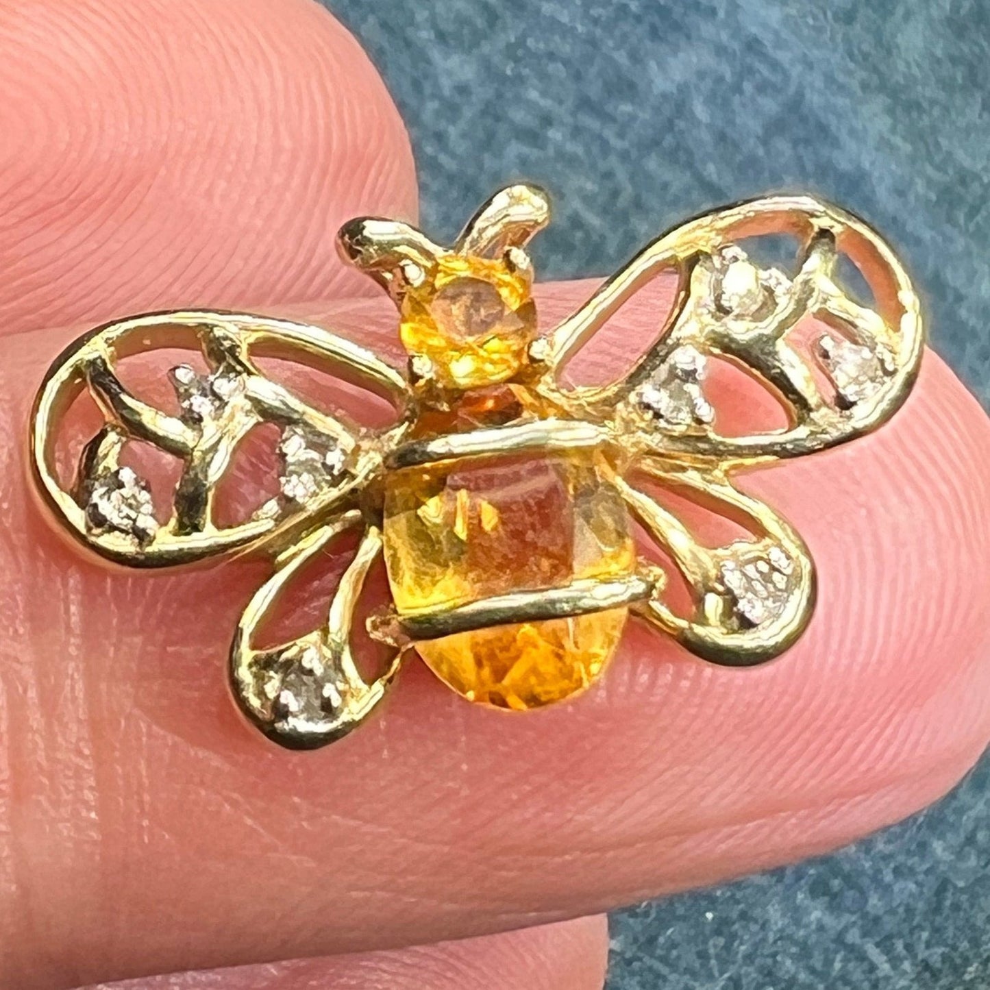 10k Gold Honey Bee Pendant w Lemon Citrine & Diamonds