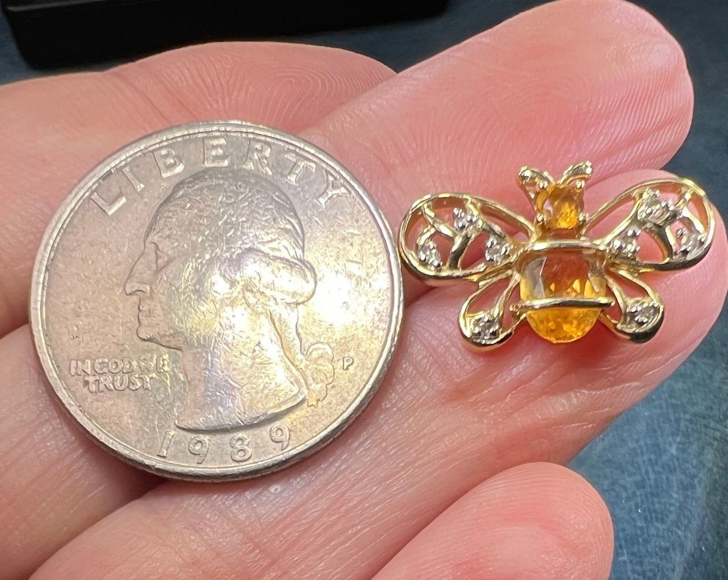 10k Gold Honey Bee Pendant w Lemon Citrine & Diamonds
