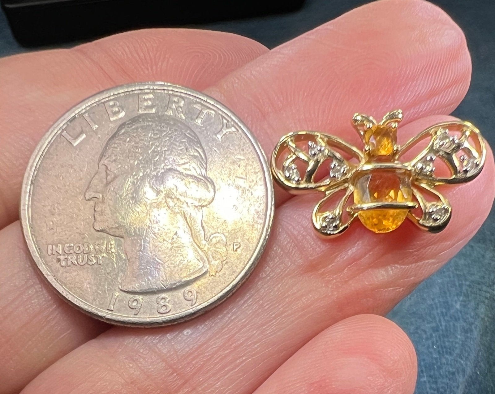 10k Gold Honey Bee Pendant w Lemon Citrine & Diamonds
