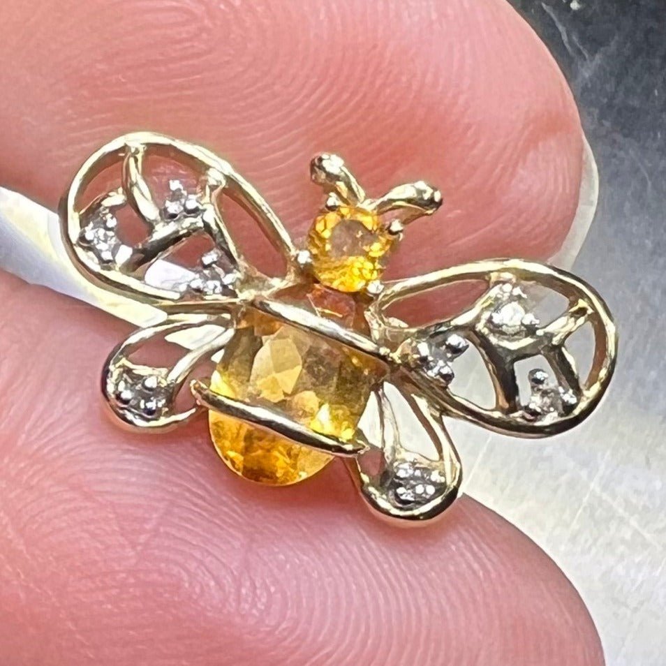 10k Gold Honey Bee Pendant w Lemon Citrine & Diamonds