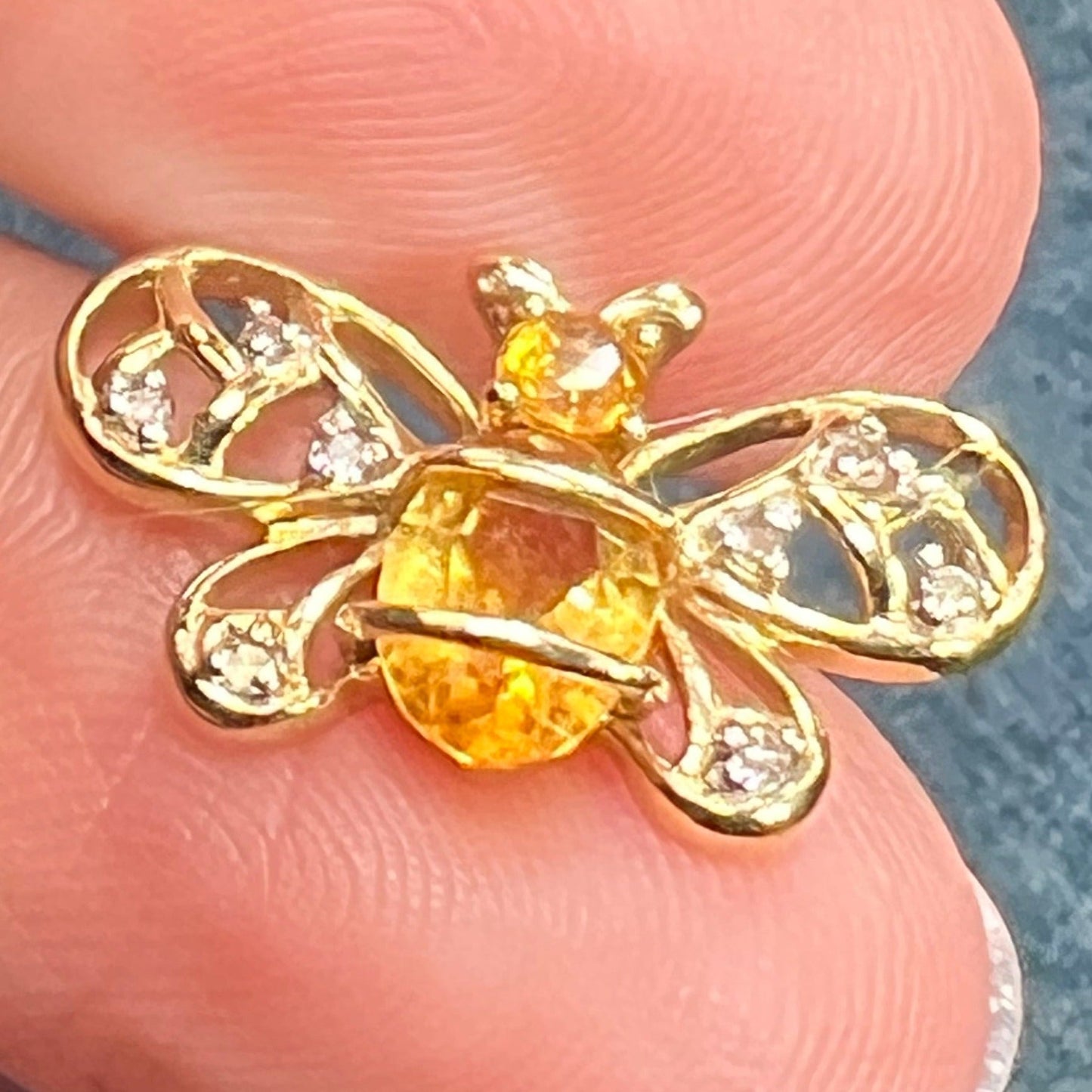 10k Gold Honey Bee Pendant w Lemon Citrine & Diamonds
