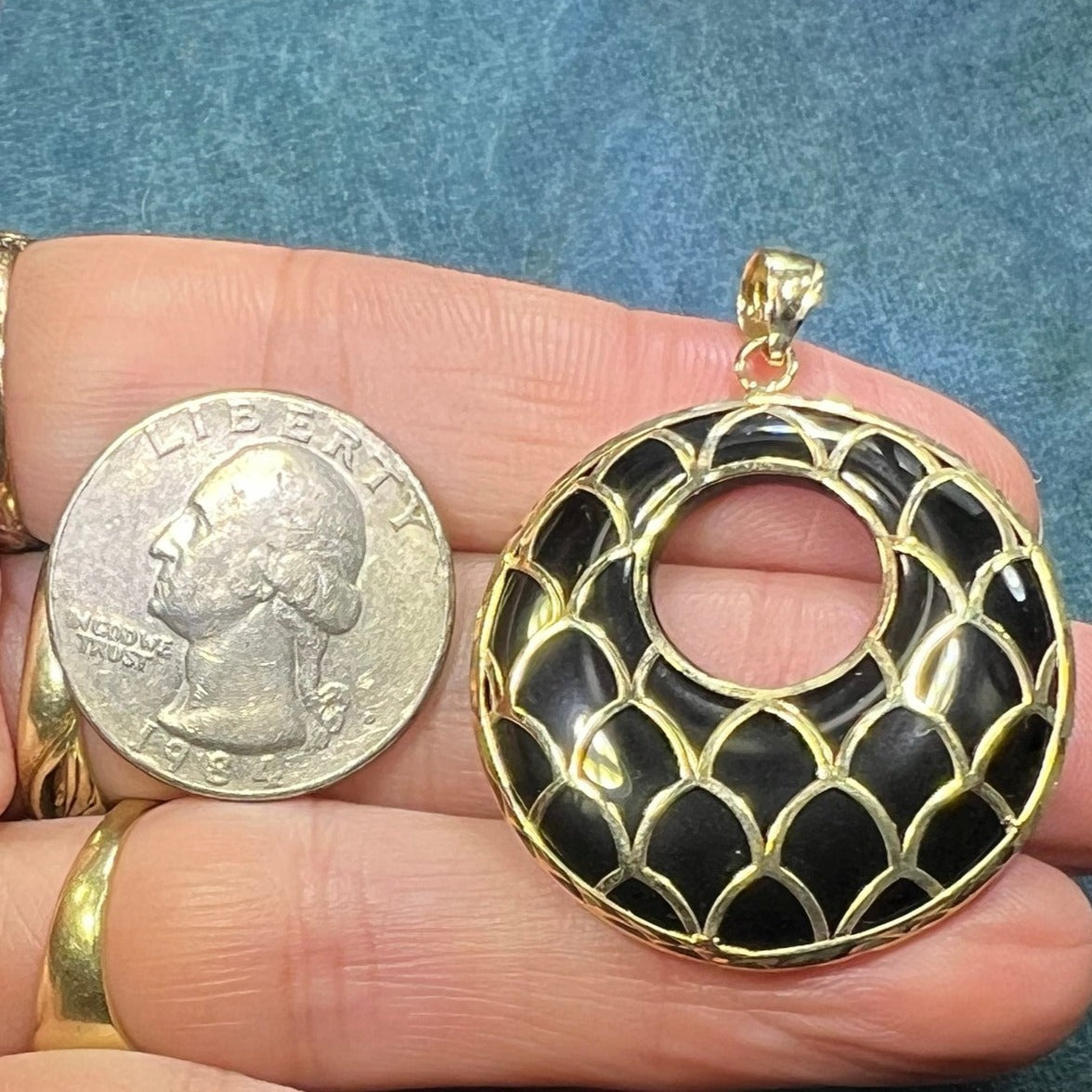 10k Gold Mermaid Filigree Onyx Circle Medallion Pendant. 1.75"