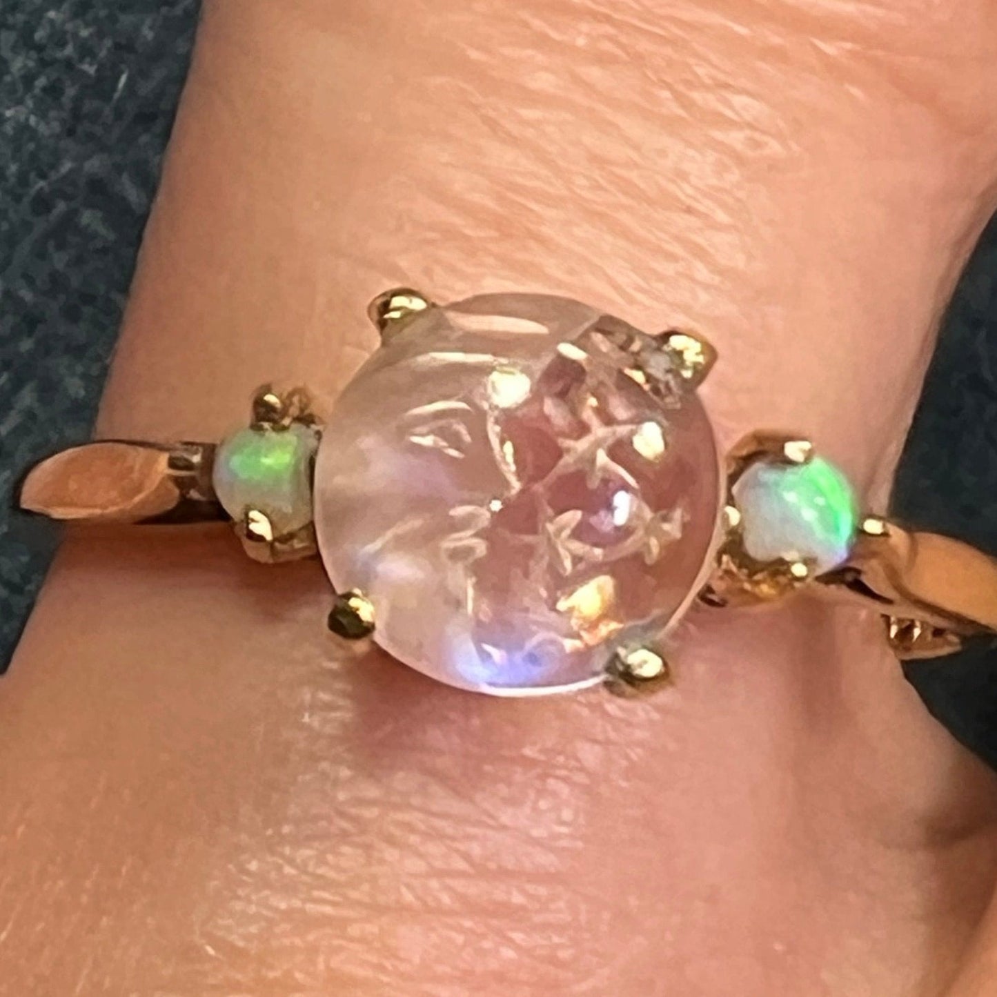 10k Gold Moonstone Crescent Man in the Moon Ring w Opals. Tiny **Video**