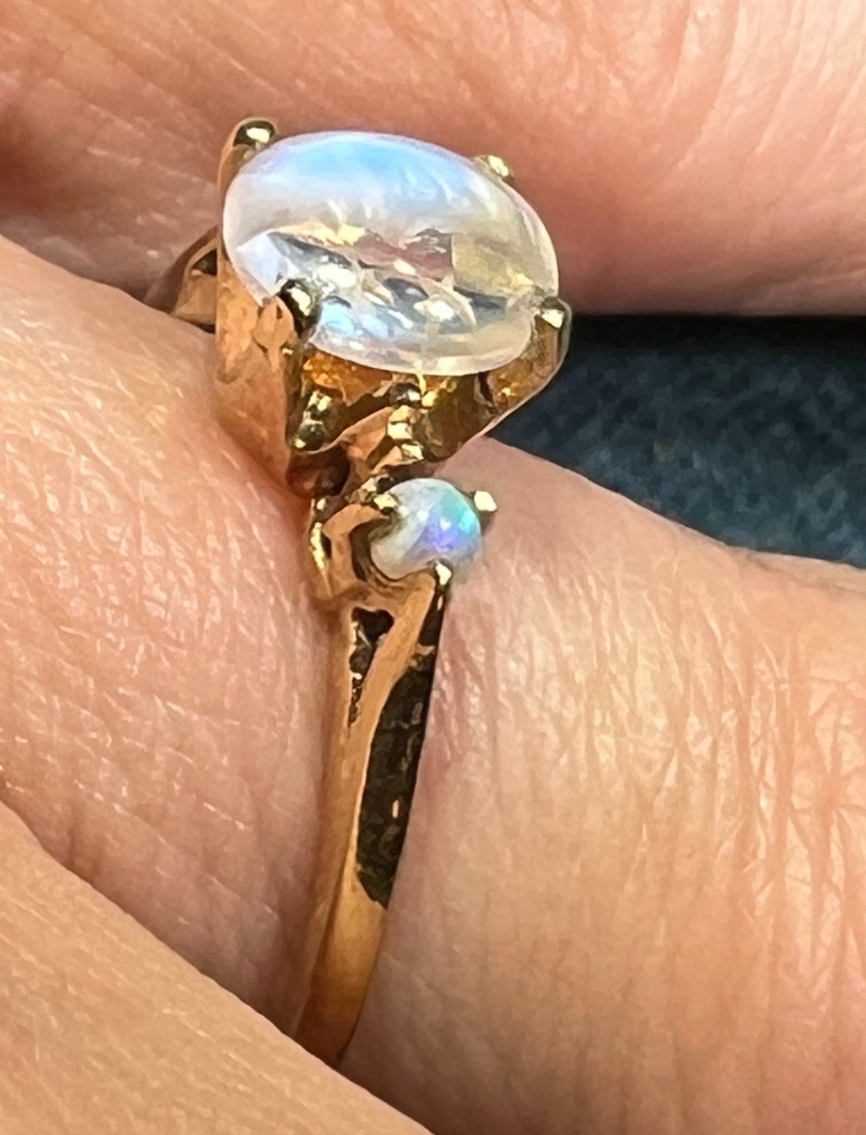 10k Gold Moonstone Crescent Man in the Moon Ring w Opals. Tiny **Video**