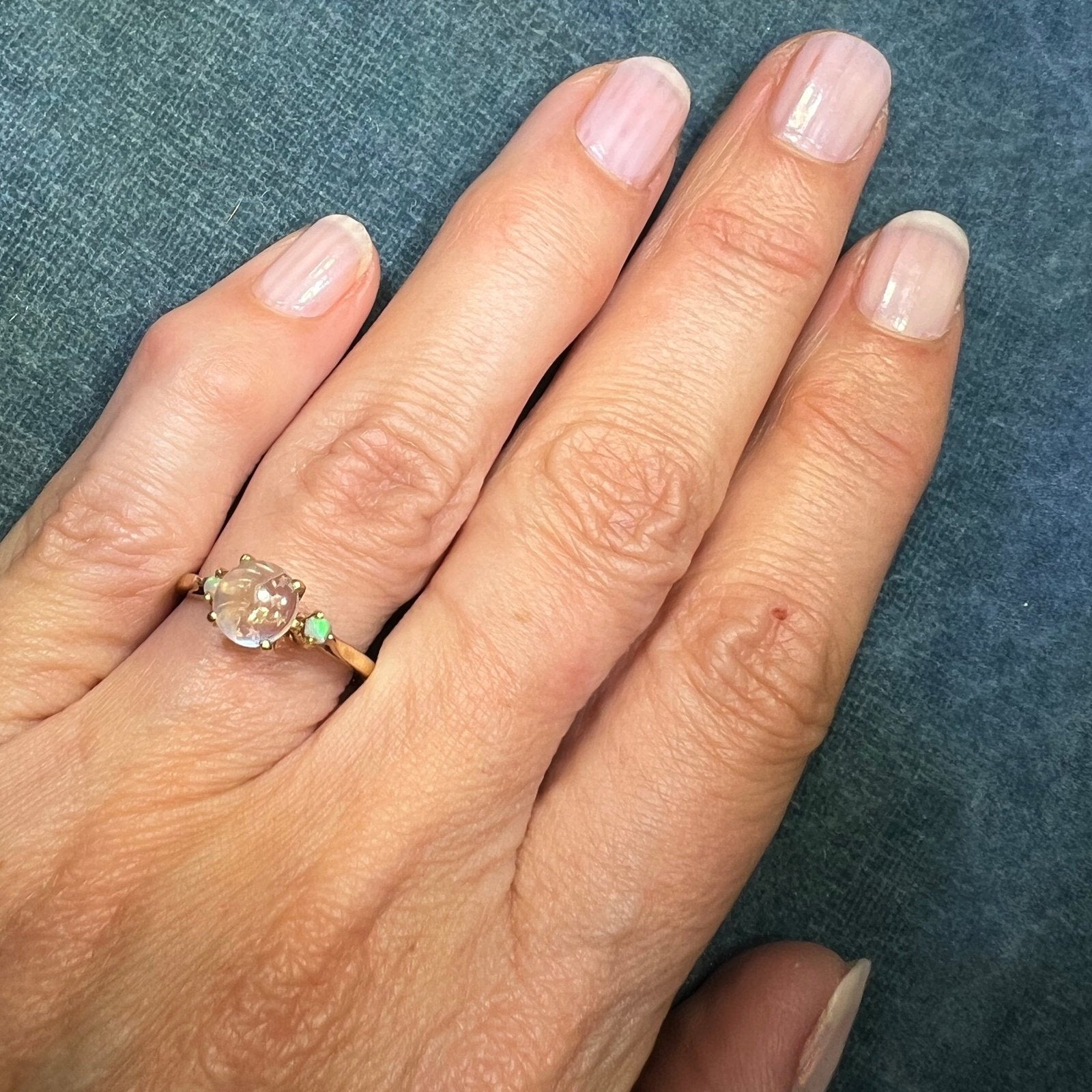 10k Gold Moonstone Crescent Man in the Moon Ring w Opals. Tiny **Video**