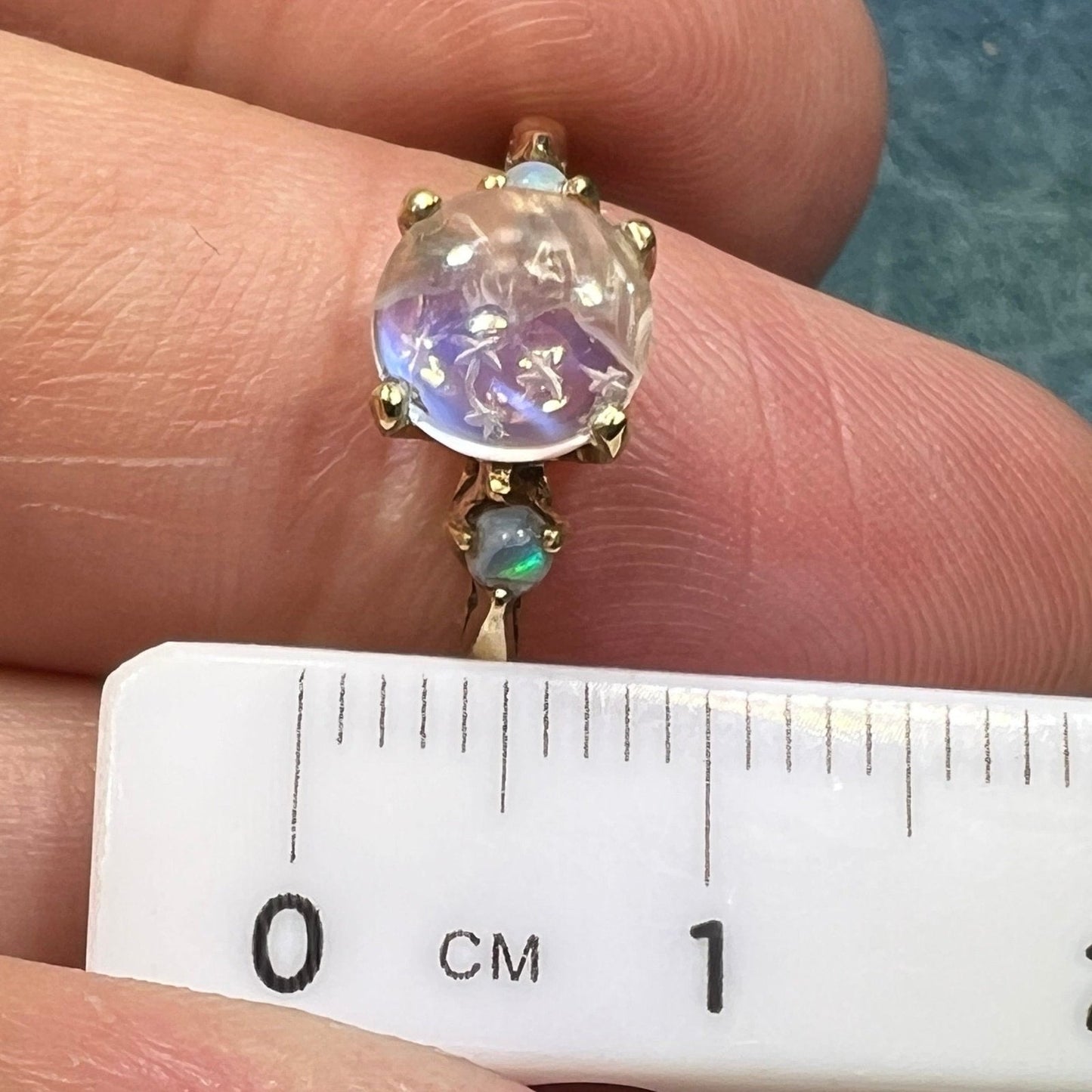 10k Gold Moonstone Crescent Man in the Moon Ring w Opals. Tiny **Video**