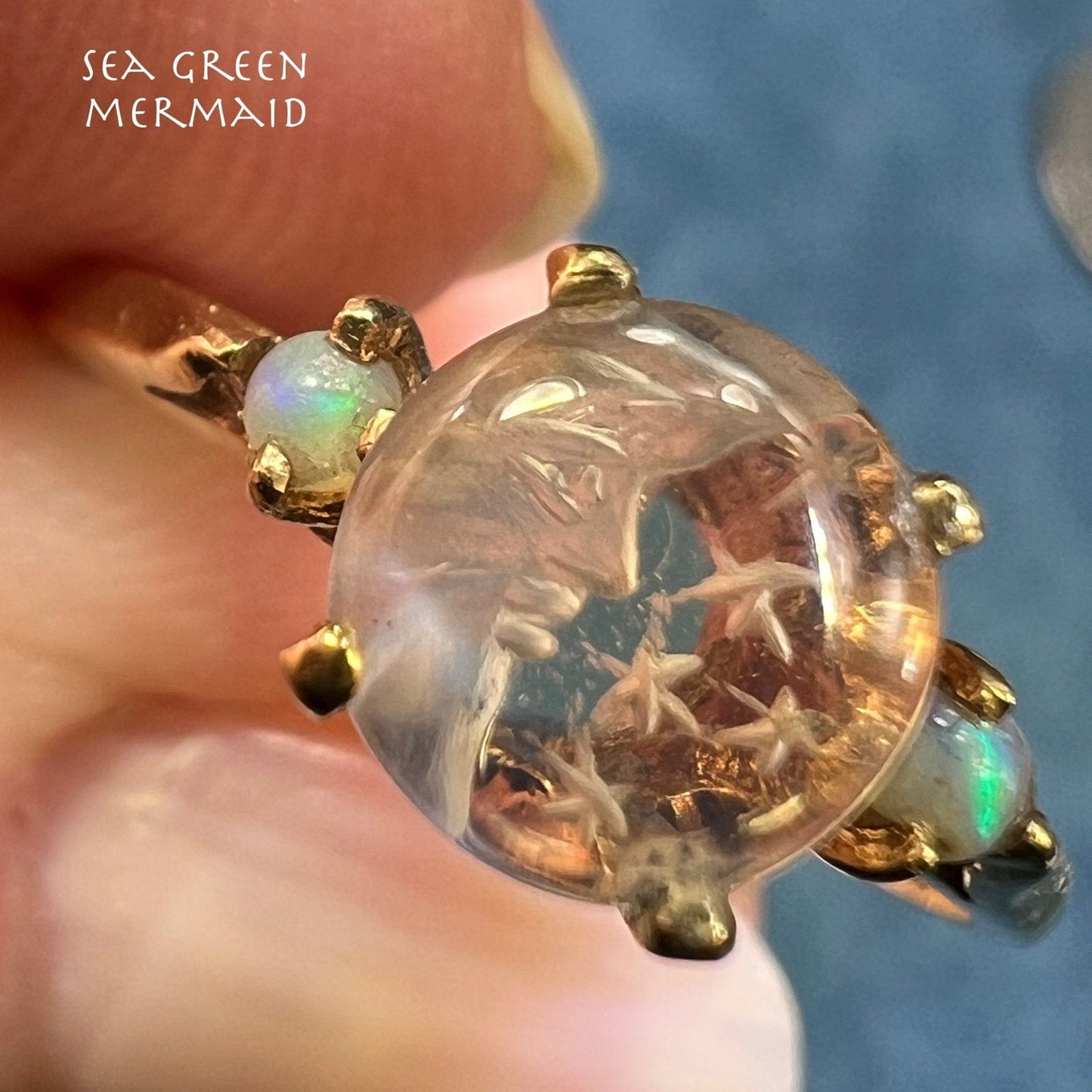 10k Gold Moonstone Crescent Man in the Moon Ring w Opals. Tiny **Video**