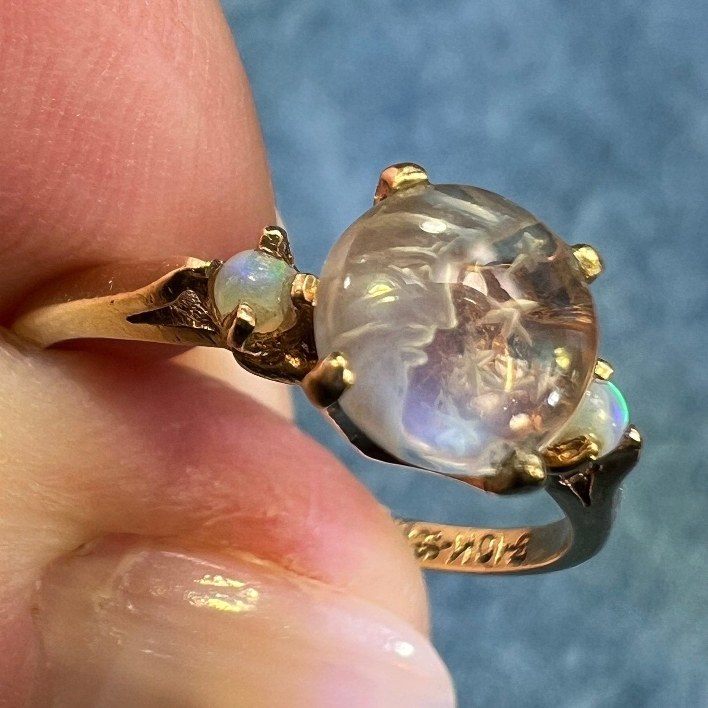 10k Gold Moonstone Crescent Man in the Moon Ring w Opals. Tiny **Video**