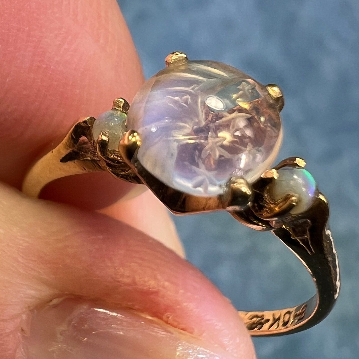 10k Gold Moonstone Crescent Man in the Moon Ring w Opals. Tiny **Video**