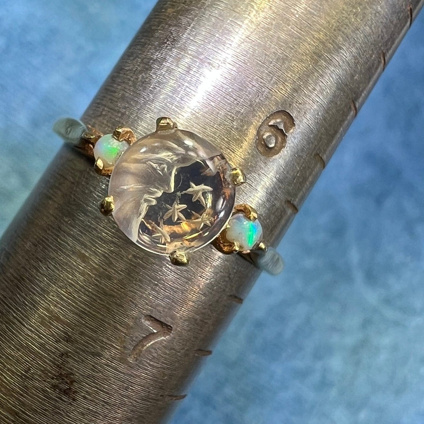 10k Gold Moonstone Crescent Man in the Moon Ring w Opals. Tiny **Video**