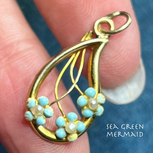 10k Gold Robins Egg Blue Enamel Forget-Me-Not TEARDROP Pendant