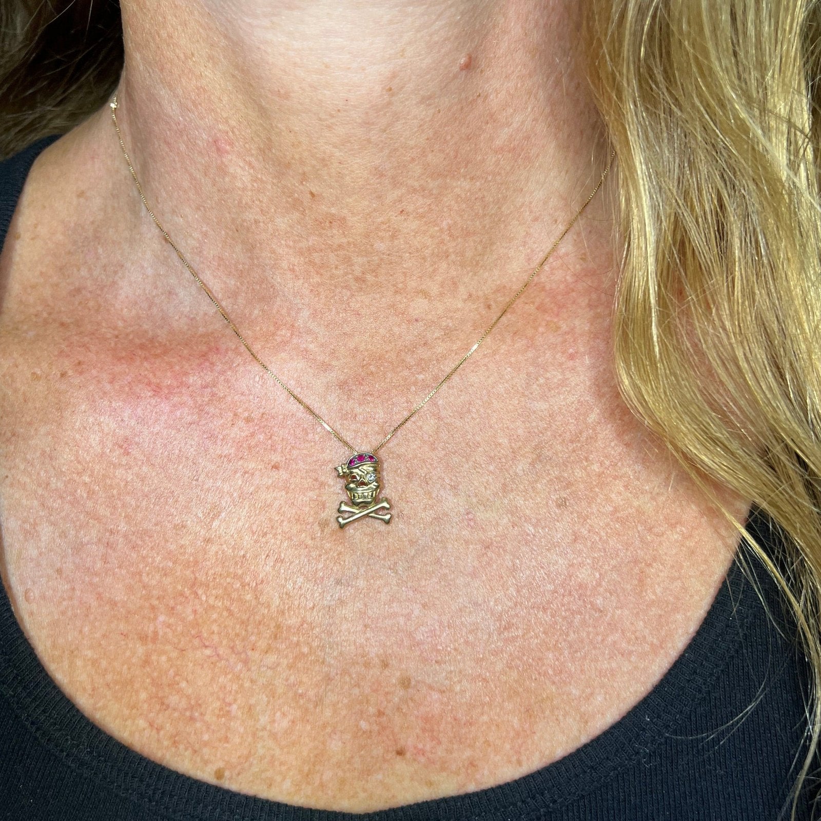 10k Gold Ruby Skull + Bones Pirate Jolly Roger Pendant