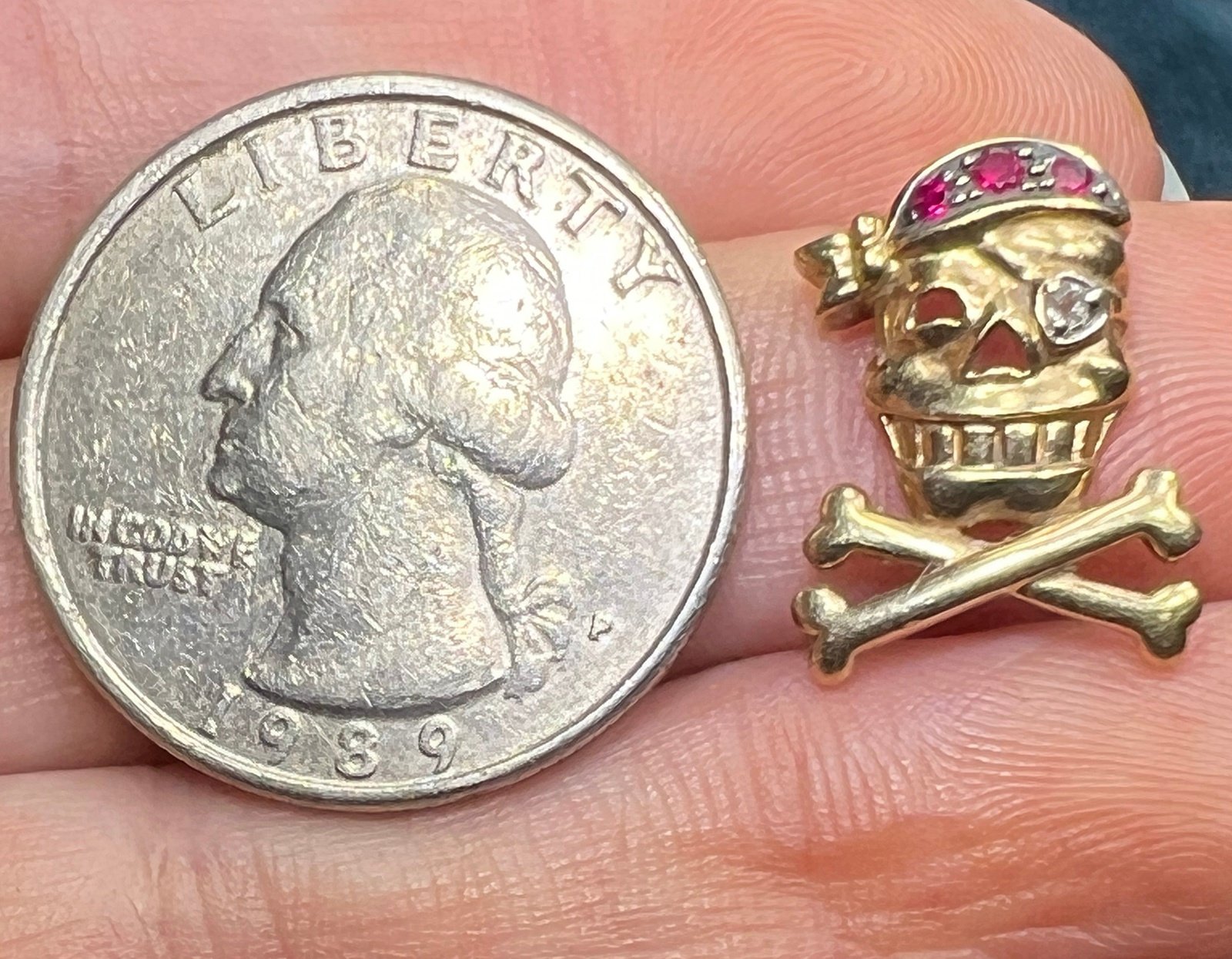 10k Gold Ruby Skull + Bones Pirate Jolly Roger Pendant