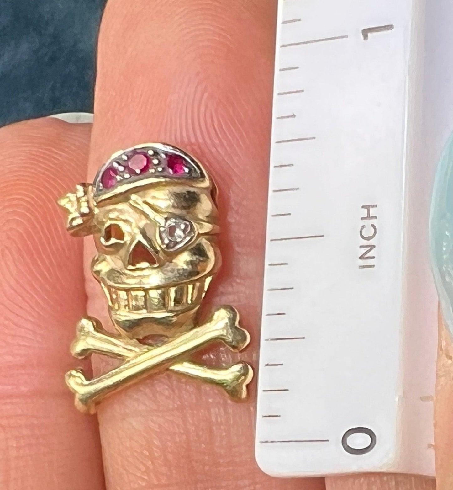 10k Gold Ruby Skull + Bones Pirate Jolly Roger Pendant