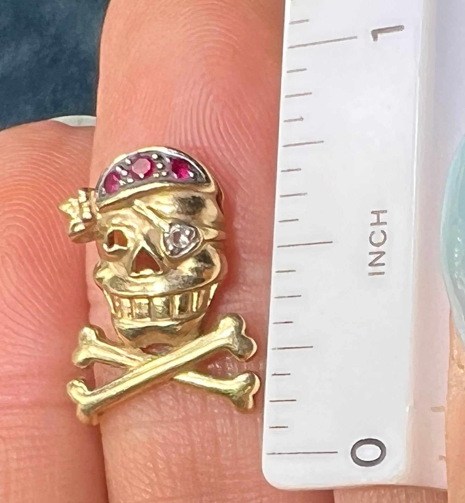 10k Gold Ruby Skull + Bones Pirate Jolly Roger Pendant