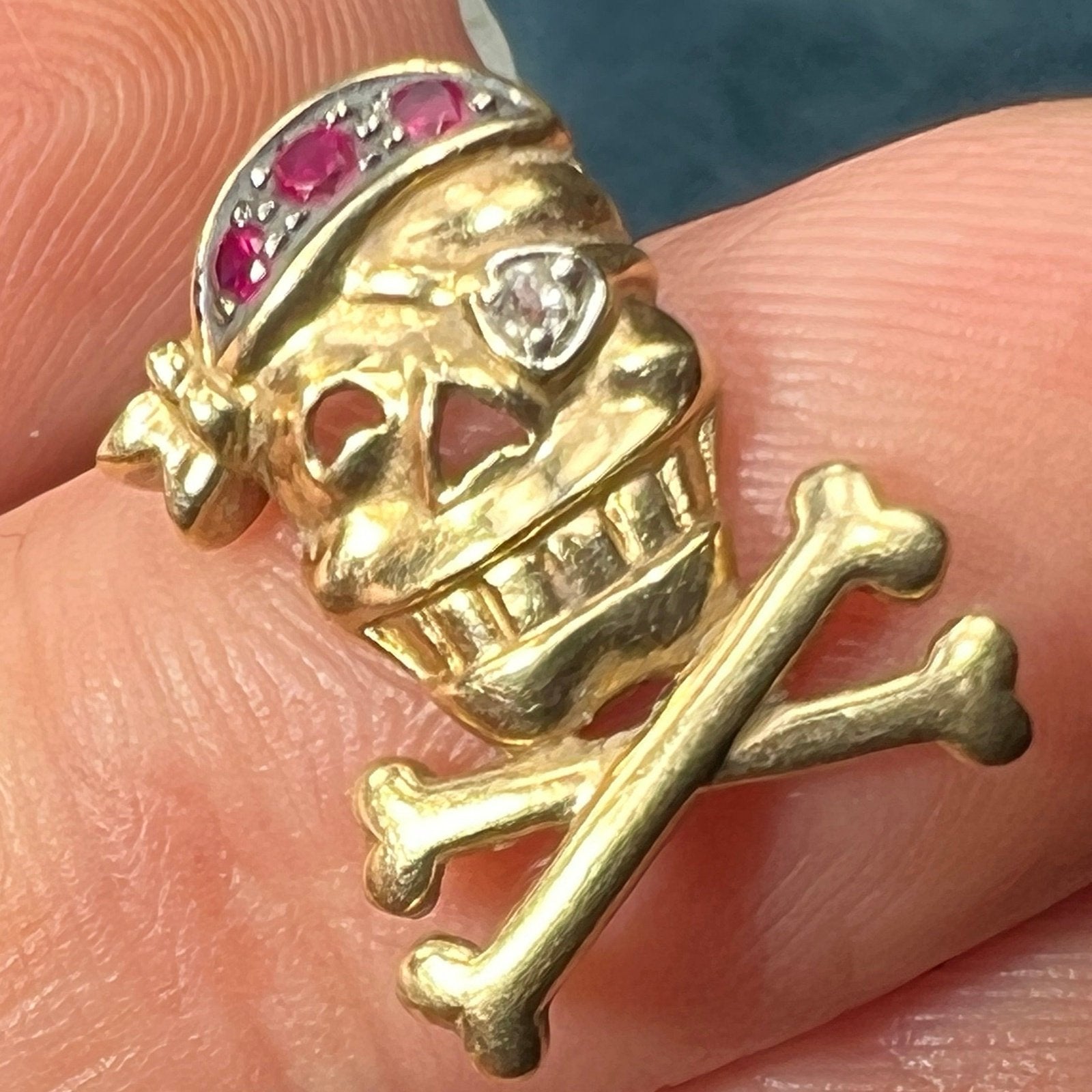 10k Gold Ruby Skull + Bones Pirate Jolly Roger Pendant