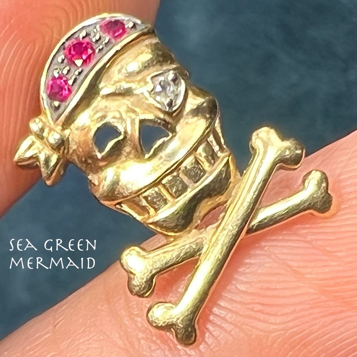 10k Gold Ruby Skull + Bones Pirate Jolly Roger Pendant